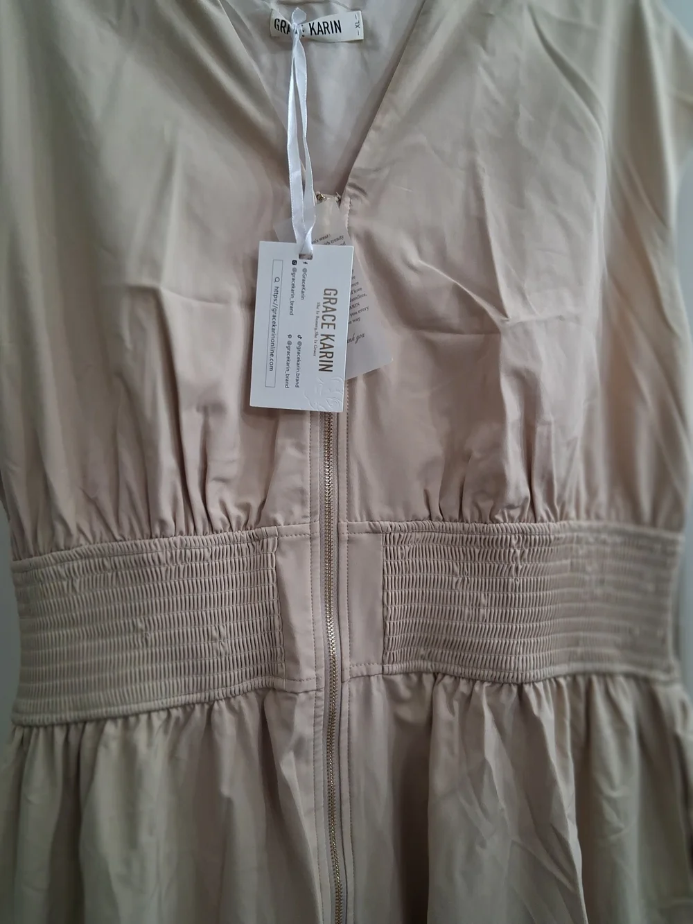 Grace Karin Cream Midi Dress with Smocked Waist - Picture 2 of 4